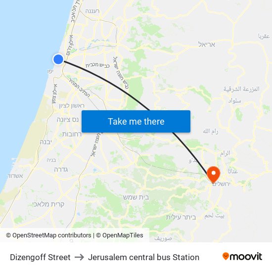 Dizengoff Street to Jerusalem central bus Station map