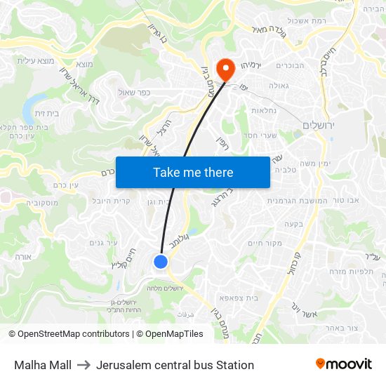 Malha Mall to Jerusalem central bus Station map