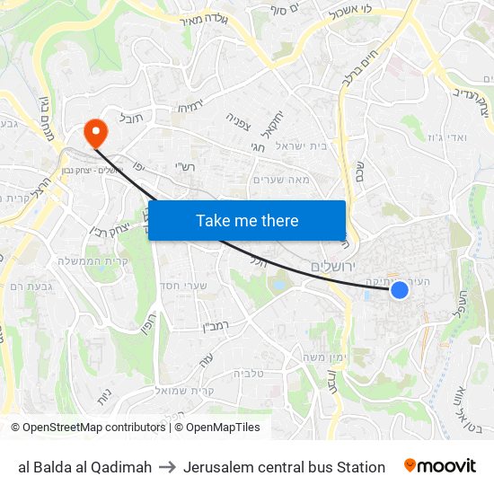 al Balda al Qadimah to Jerusalem central bus Station map