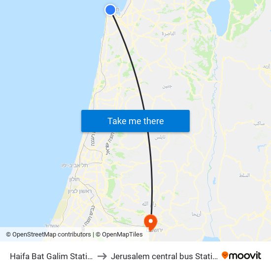 Haifa Bat Galim Station to Jerusalem central bus Station map