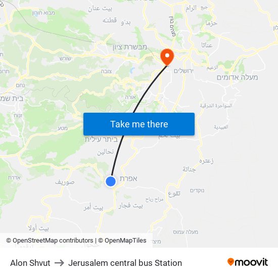 Alon Shvut to Jerusalem central bus Station map