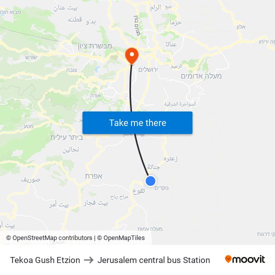 Tekoa Gush Etzion to Jerusalem central bus Station map