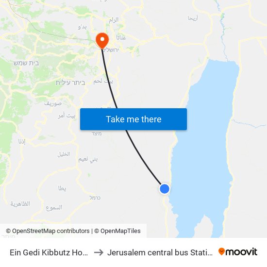 Ein Gedi Kibbutz Hotel to Jerusalem central bus Station map