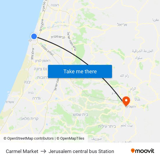 Carmel Market to Jerusalem central bus Station map