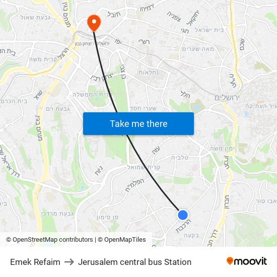 Emek Refaim to Jerusalem central bus Station map