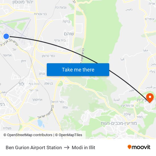 Ben Gurion Airport Station to Modi in Illit map