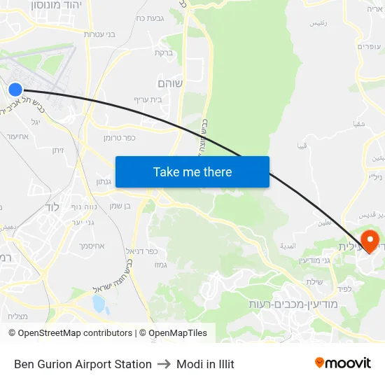 Ben Gurion Airport Station to Modi in Illit map