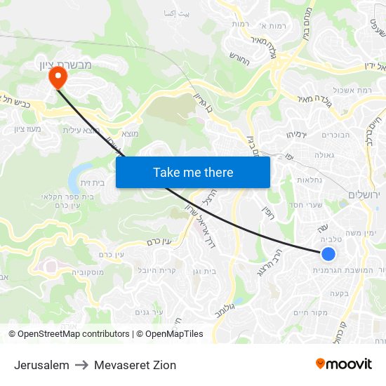 Jerusalem to Mevaseret Zion map