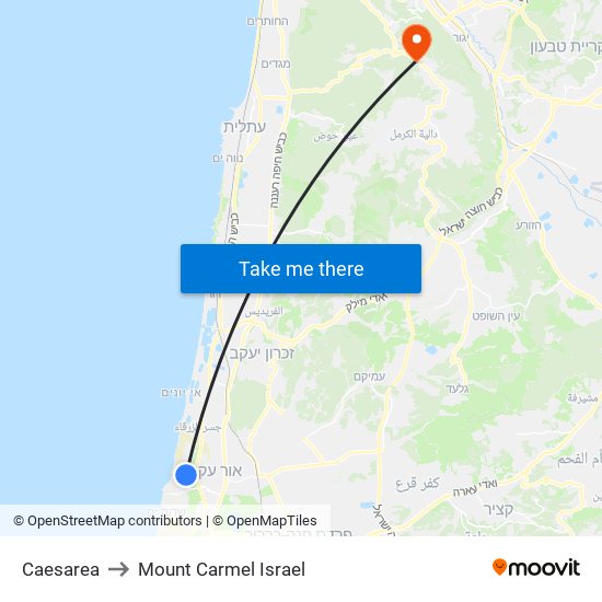 Caesarea to Mount Carmel Israel map