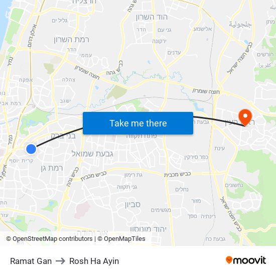 Ramat Gan to Rosh Ha Ayin map