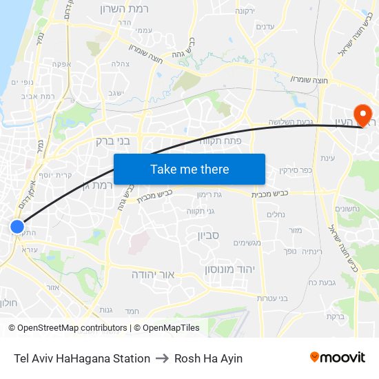 Tel Aviv HaHagana Station to Rosh Ha Ayin map