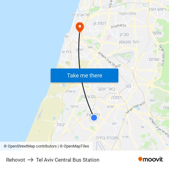 Rehovot to Tel Aviv Central Bus Station map