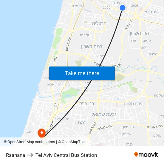 Raanana to Tel Aviv Central Bus Station map