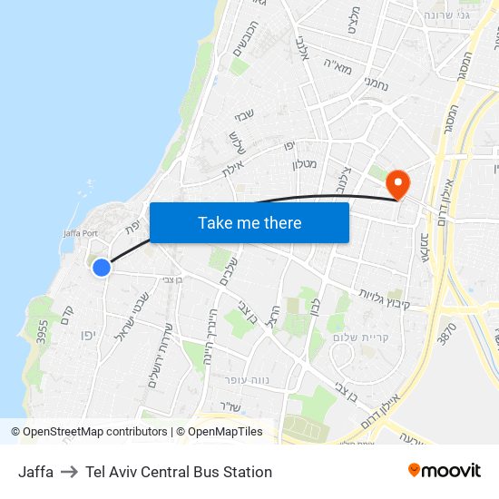 Jaffa to Tel Aviv Central Bus Station map