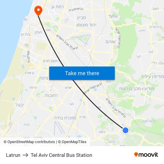 Latrun to Tel Aviv Central Bus Station map
