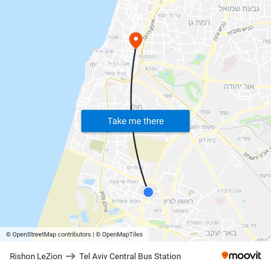 Rishon LeZion to Tel Aviv Central Bus Station map