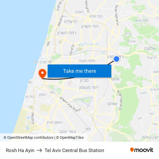 Rosh Ha Ayin to Tel Aviv Central Bus Station map