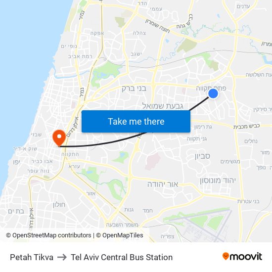 Petah Tikva to Tel Aviv Central Bus Station map