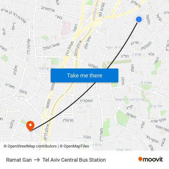 Ramat Gan to Tel Aviv Central Bus Station map