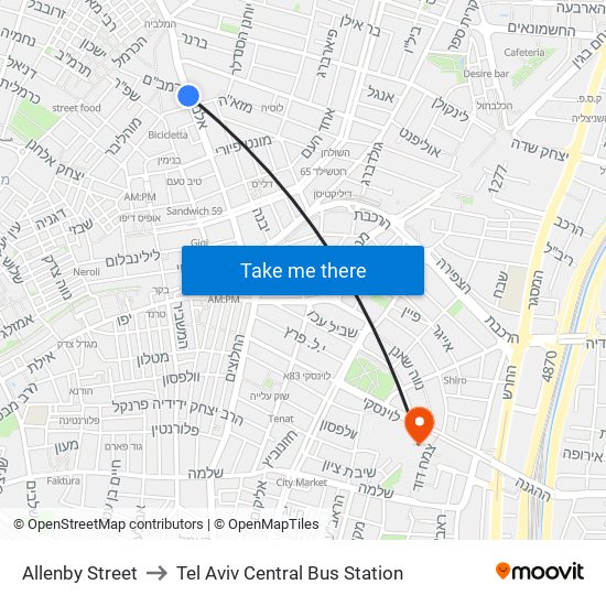 Allenby Street to Tel Aviv Central Bus Station map