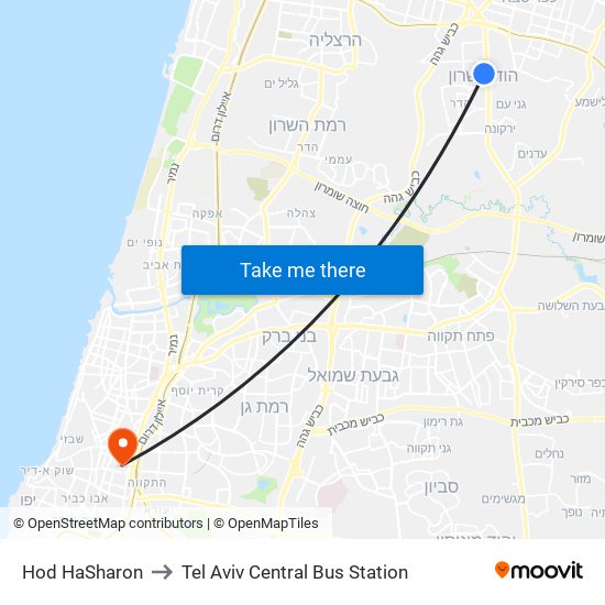 Hod HaSharon to Tel Aviv Central Bus Station map