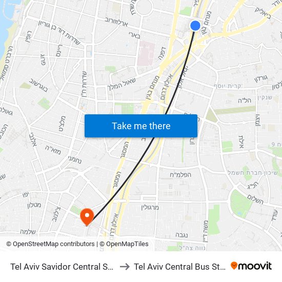 Tel Aviv Savidor Central Station to Tel Aviv Central Bus Station map