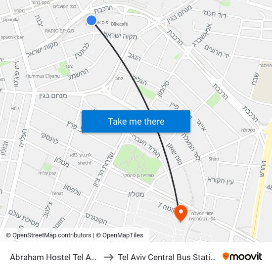 Abraham Hostel Tel Aviv to Tel Aviv Central Bus Station map