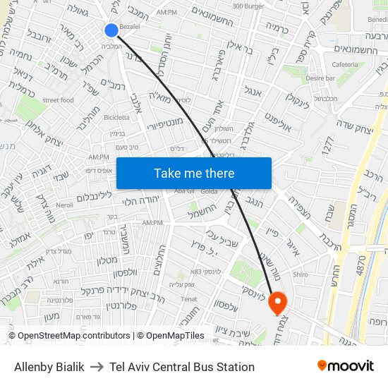 Allenby Bialik to Tel Aviv Central Bus Station map