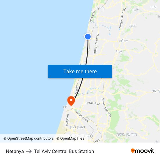 Netanya to Tel Aviv Central Bus Station map