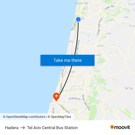 Hadera to Tel Aviv Central Bus Station map