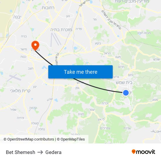 Bet Shemesh to Gedera map