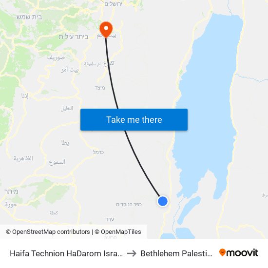 Haifa Technion HaDarom Israel to Bethlehem Palestine map