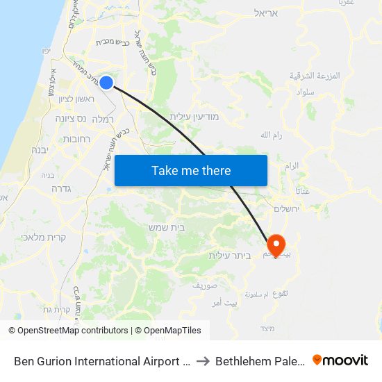 Ben Gurion International Airport Garden to Bethlehem Palestine map