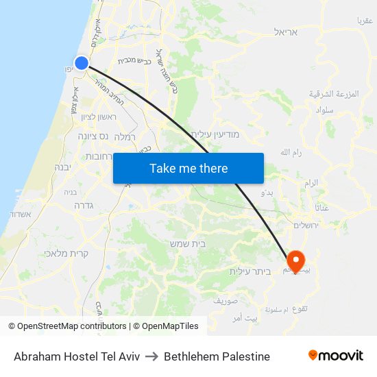 Abraham Hostel Tel Aviv to Bethlehem Palestine map