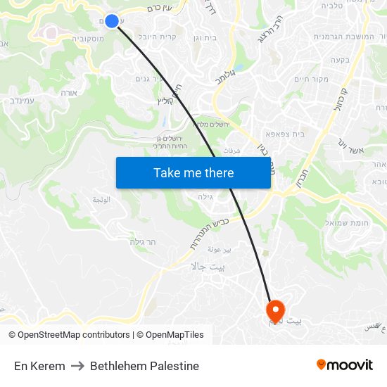 En Kerem to Bethlehem Palestine map