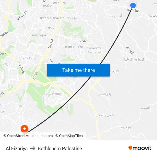 Al Eizariya to Bethlehem Palestine map
