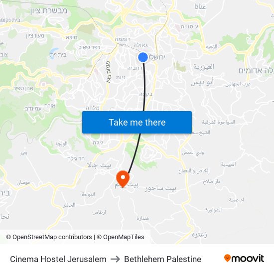 Cinema Hostel Jerusalem to Bethlehem Palestine map