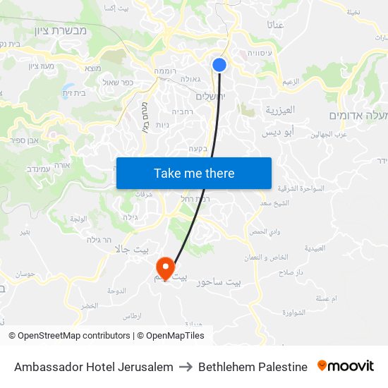 Ambassador Hotel Jerusalem to Bethlehem Palestine map