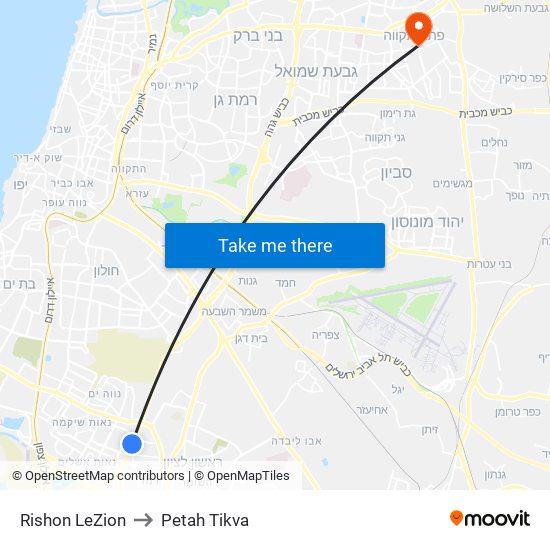 Rishon LeZion to Petah Tikva map