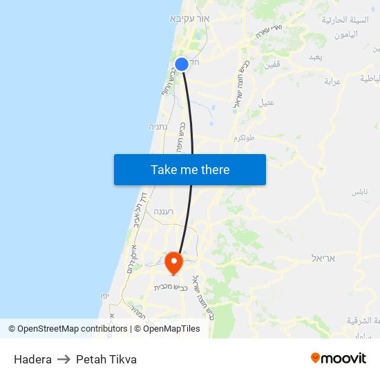 Hadera to Petah Tikva map