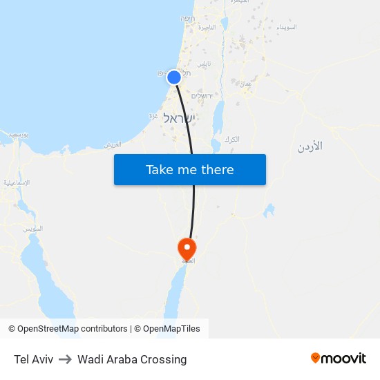 Tel Aviv to Wadi Araba Crossing map