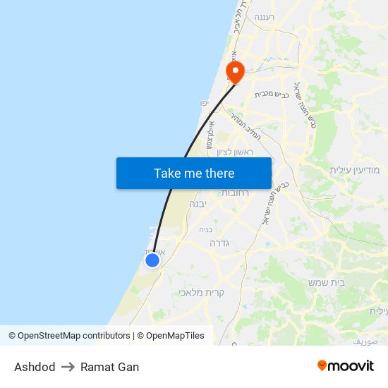 Ashdod to Ramat Gan map