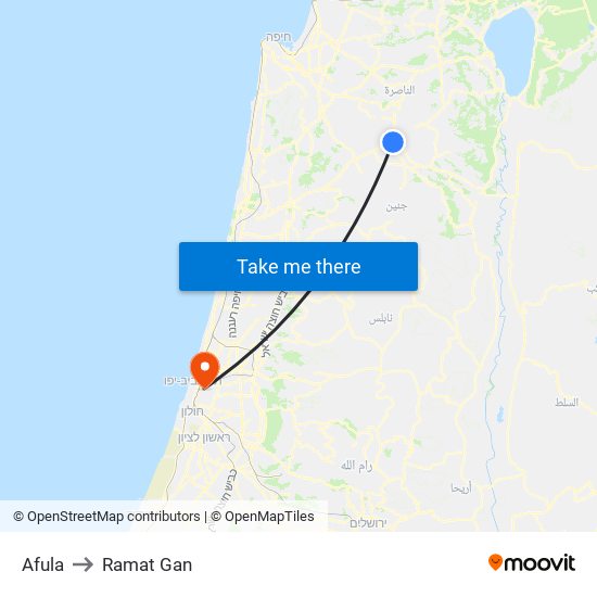 Afula to Ramat Gan map