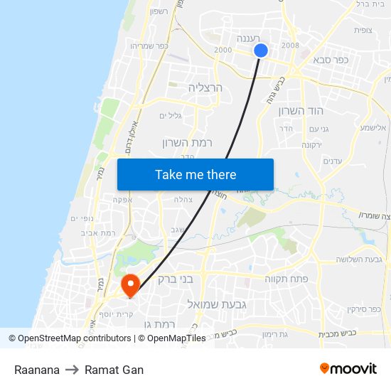 Raanana to Ramat Gan map