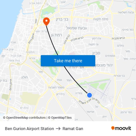 Ben Gurion Airport Station to Ramat Gan map