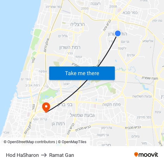 Hod HaSharon to Ramat Gan map