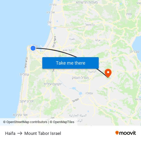 Haifa to Mount Tabor Israel map