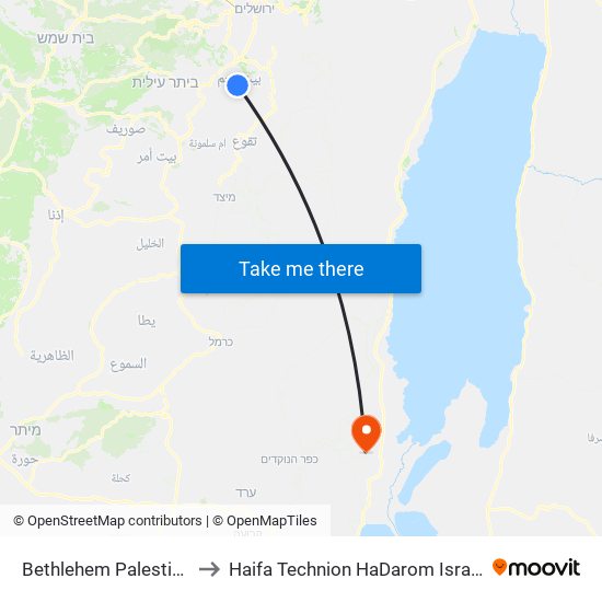 Bethlehem Palestine to Haifa Technion HaDarom Israel map