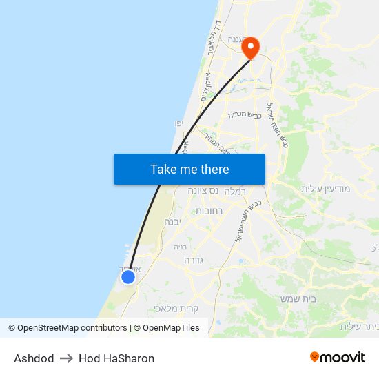 Ashdod to Hod HaSharon map