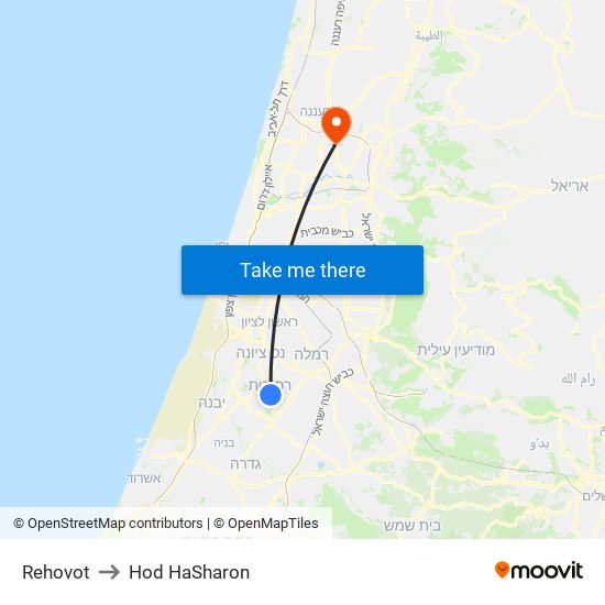 Rehovot to Hod HaSharon map